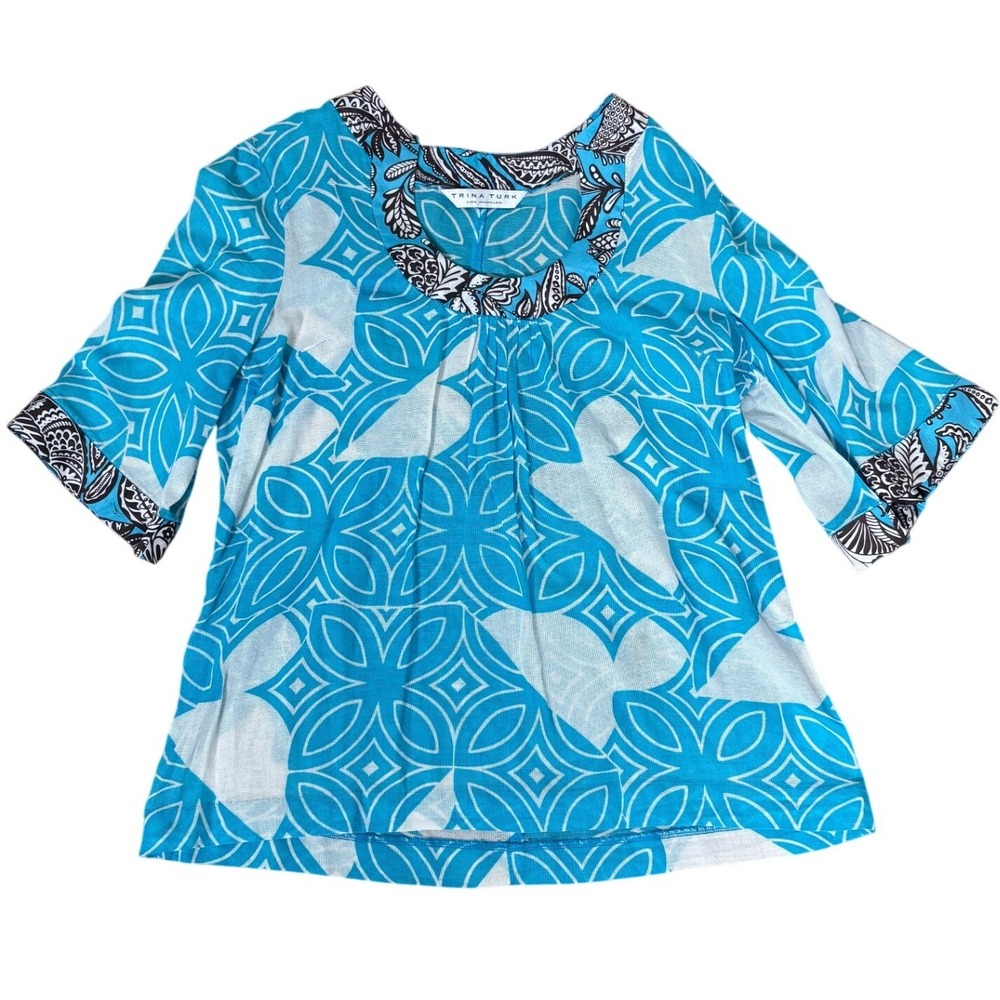 Trina Turk Cotton Silk Trim Blouse Blue Artsy Coastal Cottagecore Boho size M